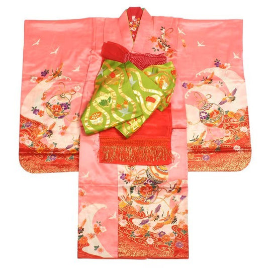 七五三/節句 着物セット 7歳女の子 遠山柄 重厚感　130cm f-03201zb-id-f-03201   整備済みアウトレット品 [良い(B)]