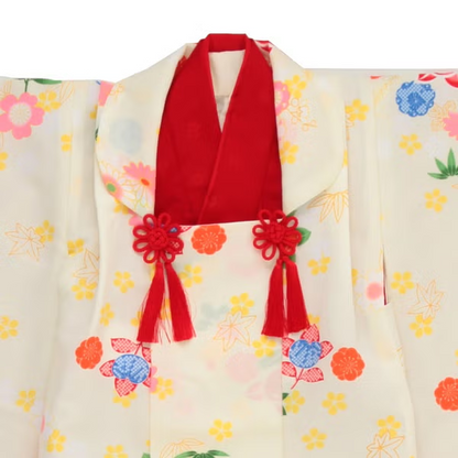 七五三/節句 被布セット 3歳女の子 巫女風 花々　100cm　f-008523000a-id-f-00852  レッド 整備済みアウトレット品 [良い(B)]