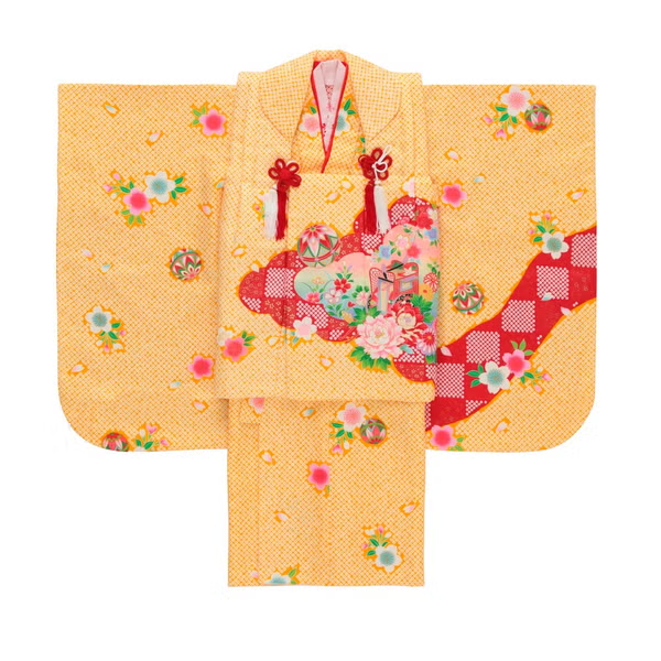 七五三/節句 被布セット 3歳女の子 被布セット 鞠 花々　100cm　f-009783000b-id-f-00978  イエロー 整備済みアウトレット品 [良い(B)]