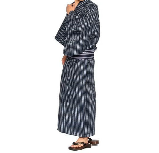 メンズ浴衣 フルセット 格子柄 身長目安170cm・175cm・180cm　LLサイズ　f-04229za-id-f-04227   整備済みアウトレット品 [良い(B)]