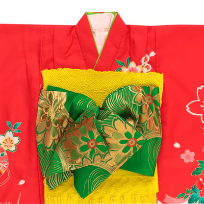 七五三/節句 着物セット 7歳女の子 水流 花々　130cm　f-009973020b-id-f-00997   整備済みアウトレット品 [良い(B)]