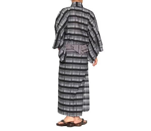 メンズ浴衣 フルセット 格子柄 身長目安170cm・175cm・180cm　Lサイズ　f-04231za-id-f-04230  ブラック 整備済みアウトレット品 [良い(B)]