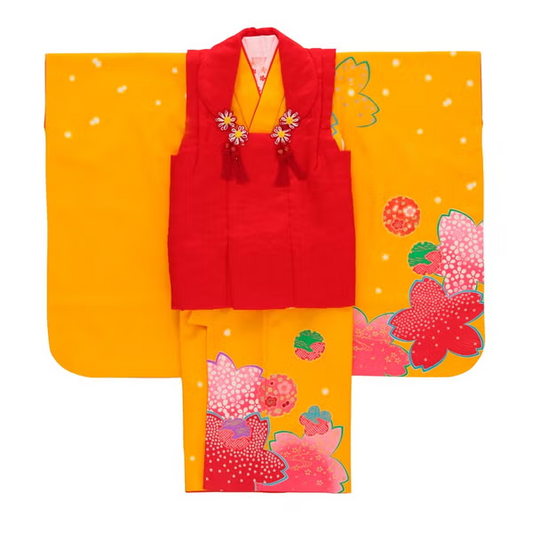 七五三/節句 被布セット 3歳女の子 被布セット 大胆桜模様A　100cm　f-009753000b-id-f-00975  イエロー 整備済みアウトレット品 [良い(B)]