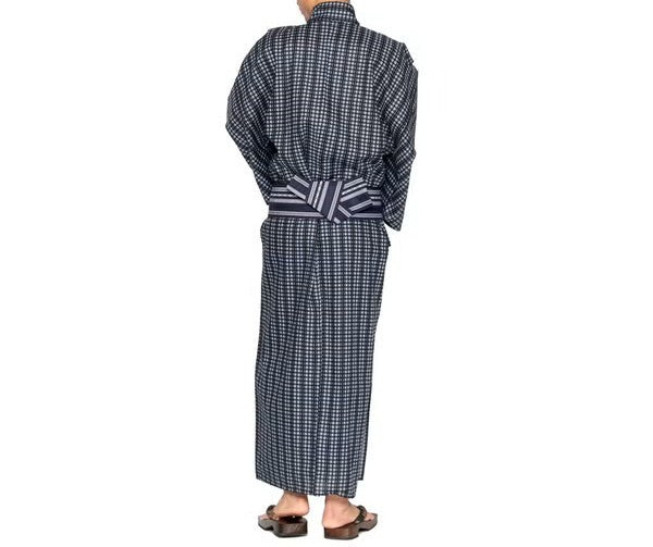 メンズ浴衣 フルセット 格子柄 身長目安170cm・175cm・180cm　Lサイズ　f-04228za-id-f-04227  ブラック 整備済みアウトレット品 [良い(B)]