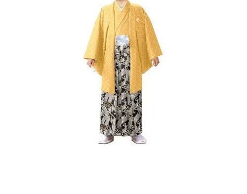 男性袴セット(着物、羽織、袴、和装小物一式)　サイズ: 5号　f-01917za-id-f-01916  イエロー 整備済みアウトレット品 [良い(B)]