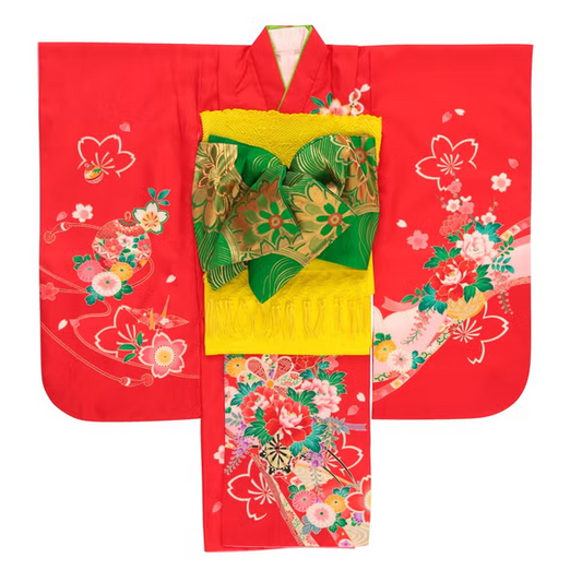七五三/節句 着物セット 7歳女の子 水流 花々　130cm　f-009973020b-id-f-00997   整備済みアウトレット品 [良い(B)]
