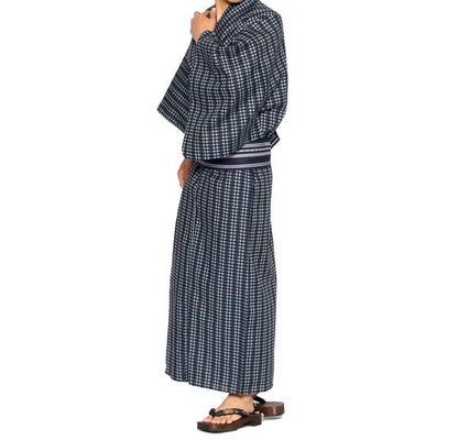 メンズ浴衣 フルセット 格子柄 身長目安170cm・175cm・180cm　Lサイズ　f-04228za-id-f-04227  ブラック 整備済みアウトレット品 [良い(B)]