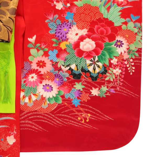 七五三/節句 着物セット 7歳女の子 豪華 花々　130cm　f-009983020b-id-f-00998  レッド 整備済みアウトレット品 [良い(B)]