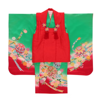 七五三/節句 被布セット 3歳女の子 被布セット 鞠 華美　100cm　f-009733000b-id-f-00973  グリーン 整備済みアウトレット品 [良い(B)]