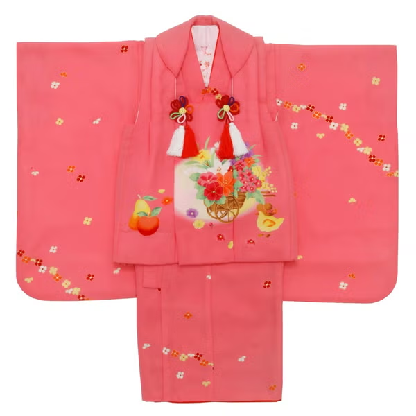 七五三/節句 被布セット 3歳女の子 被布セット フルーツ 小花　100cm　f-01602zb-id-f-01602  ピンク 整備済みアウトレット品 [中古(C)]