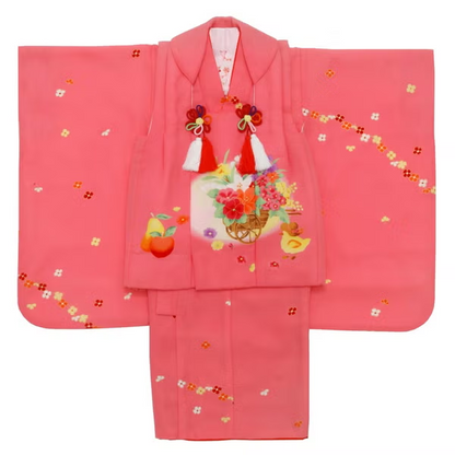 七五三/節句 被布セット 3歳女の子 被布セット フルーツ 小花　100cm　f-01602zb-id-f-01602  ピンク 整備済みアウトレット品 [中古(C)]