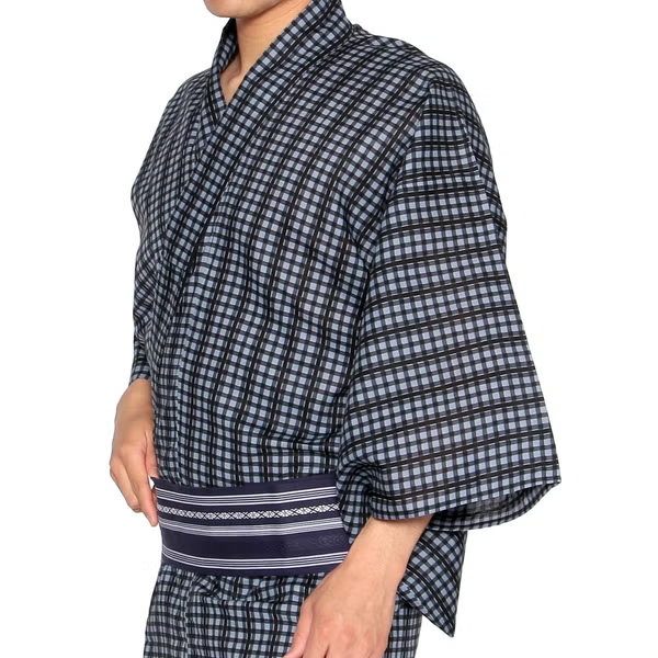 メンズ浴衣 フルセット 格子柄 身長目安170cm・175cm・180cm　Lサイズ　f-04228za-id-f-04227  ブラック 整備済みアウトレット品 [良い(B)]