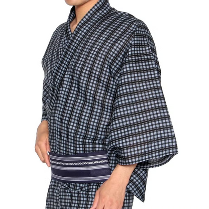 メンズ浴衣 フルセット 格子柄 身長目安170cm・175cm・180cm　Lサイズ　f-04228za-id-f-04227  ブラック 整備済みアウトレット品 [良い(B)]