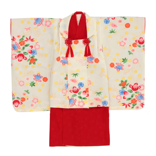 七五三/節句 被布セット 3歳女の子 巫女風 花々　100cm　f-008523000a-id-f-00852  レッド 整備済みアウトレット品 [良い(B)]