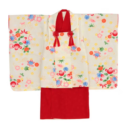 七五三/節句 被布セット 3歳女の子 巫女風 花々　100cm　f-008523000a-id-f-00852  レッド 整備済みアウトレット品 [良い(B)]